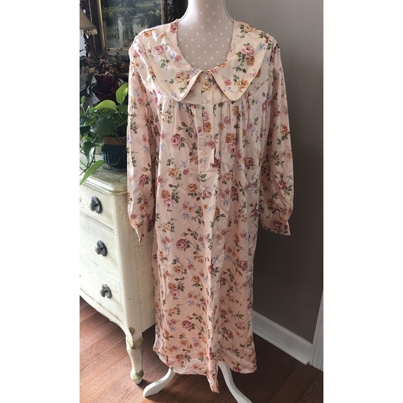 barbizon Other - Vtg Barbizon Nightgown Satin Peach Floral Long Sleeve Granny Cottagecore Size XL